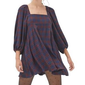 Urban Outfitters Lachlan Flannel Smocked Mini Dress M Blue Red Plaid Grunge NEW